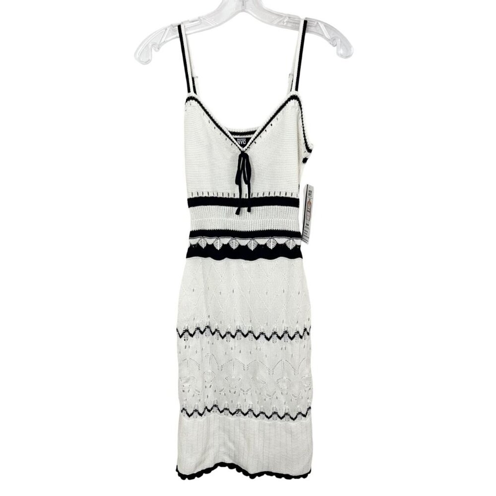 NEW Madden NYC White & Black Crochet Knit Tank Dress Pointelle Bow Tie - Size XS